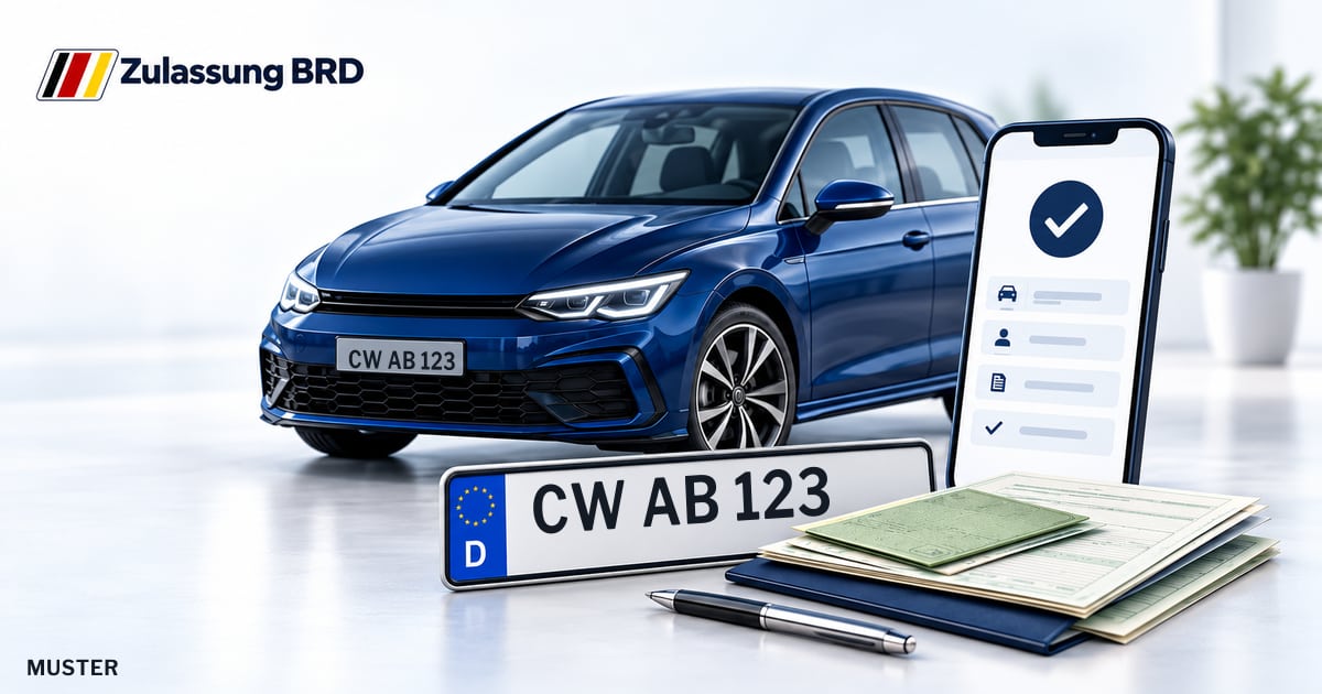 Online Fahrzeugzulassung in Nagold: Musterkennzeichen CW AB 123, Auto und Fahrzeugpapiere und Smartphone. Illustration mit Logo von Zulassung BRD.